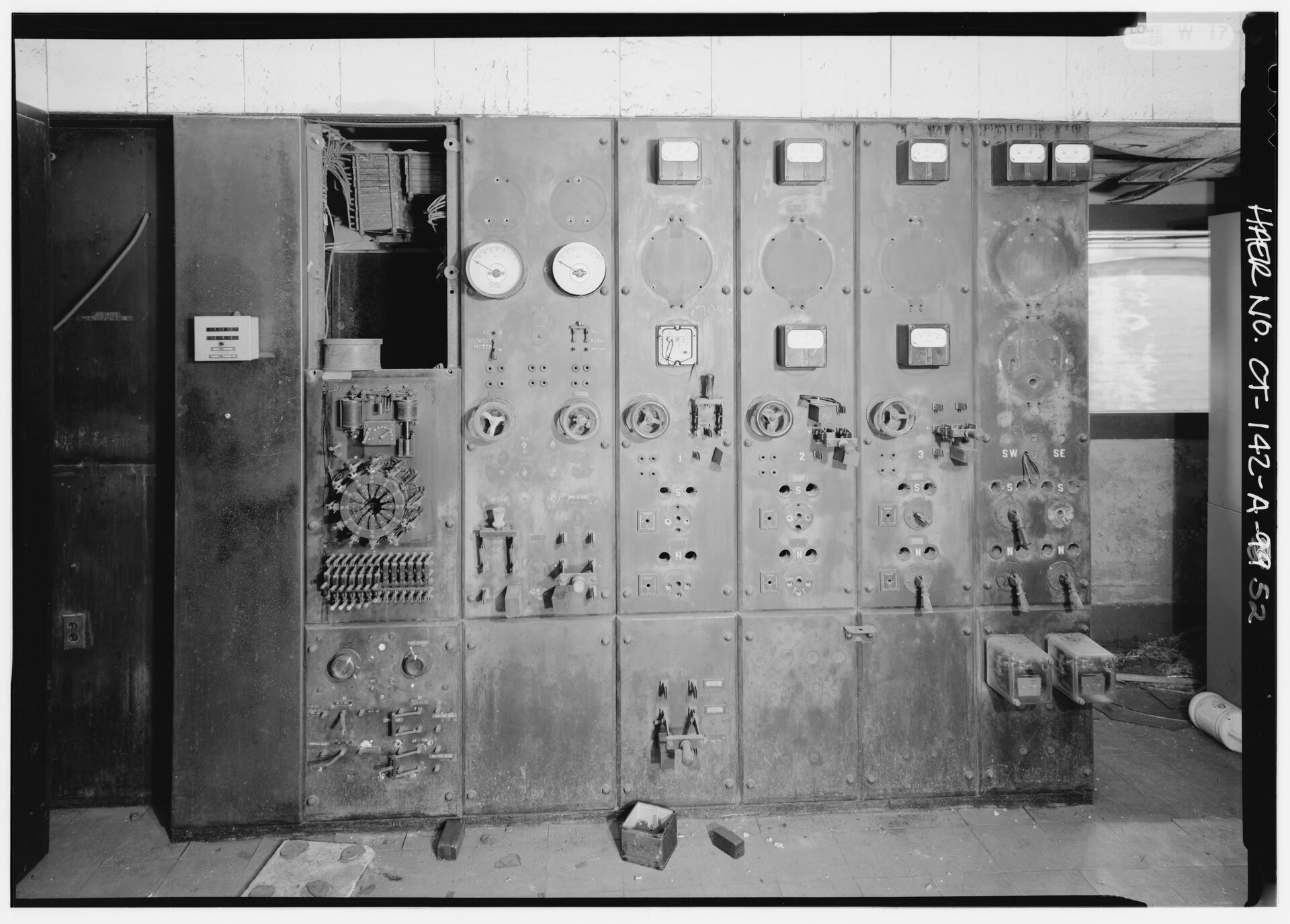 Remains of the original 1907 control panel at Cos Cob Power Plant, photographed in 1993