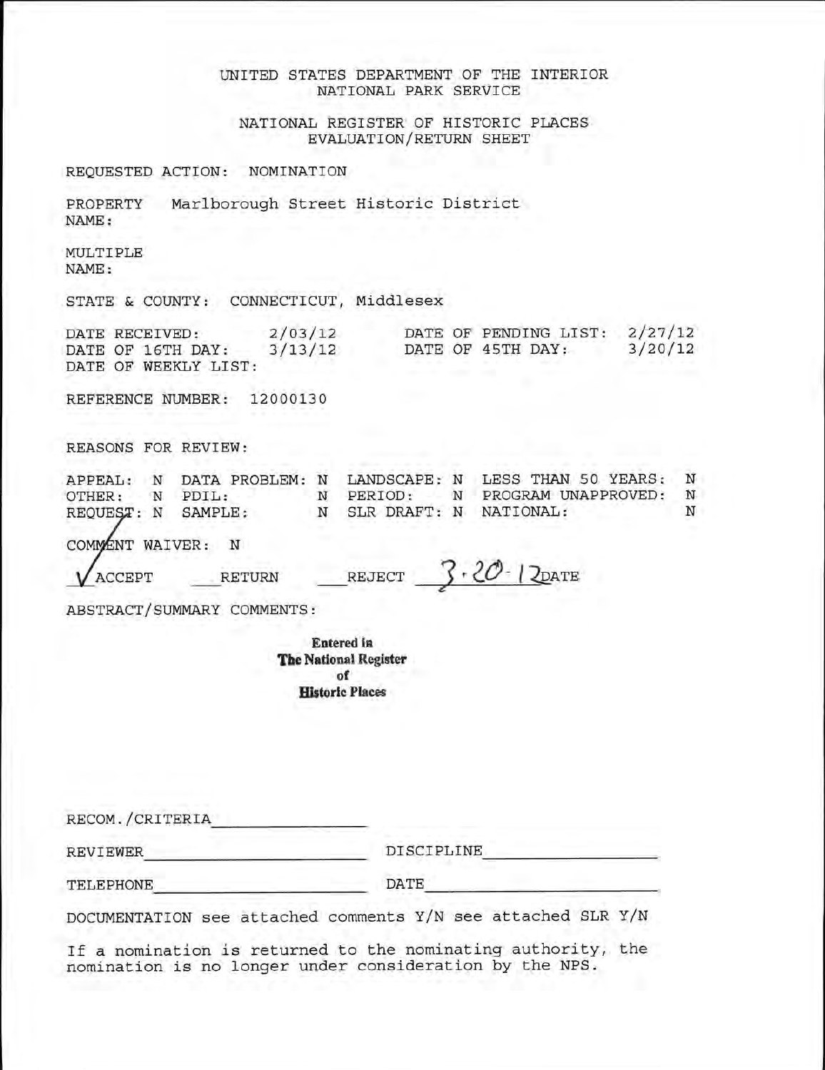 National Register acceptance, March 20, 2012