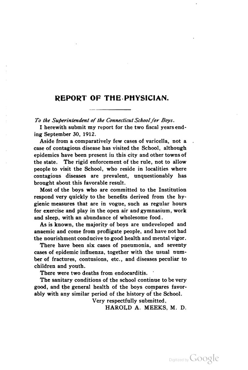 Harold A. Meeks’s physician report, 1910–1912