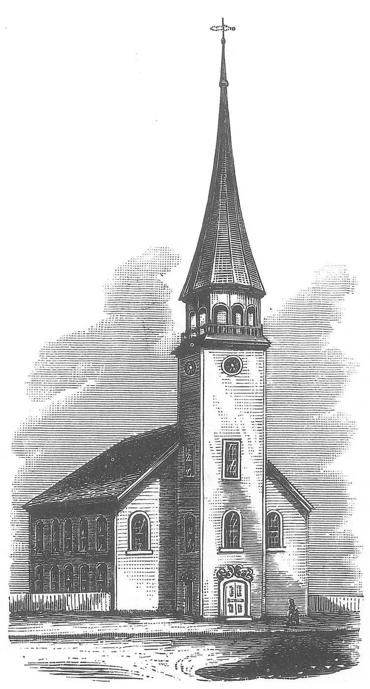 Drawing of Trinity's first wooden church