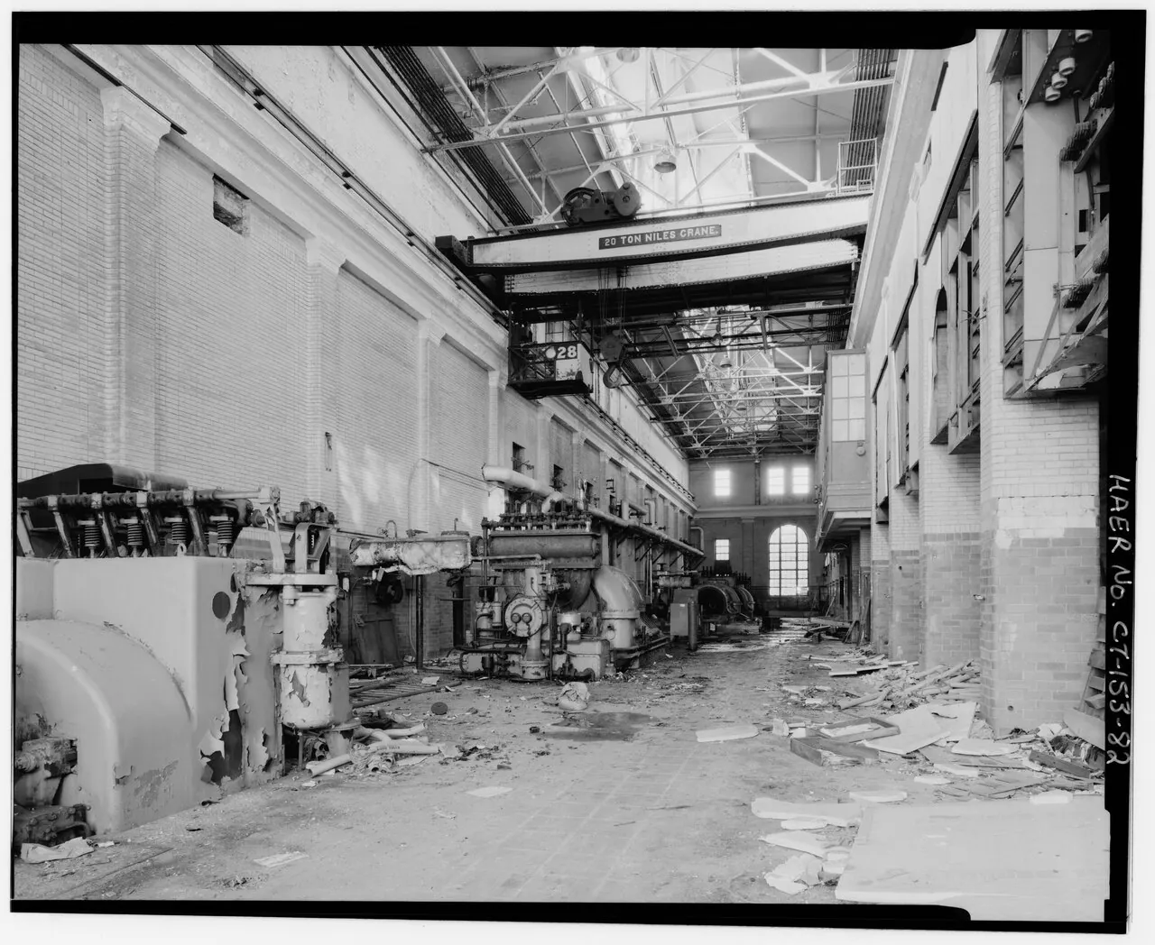 Former Scovill turbine hall with machinery and debris. 