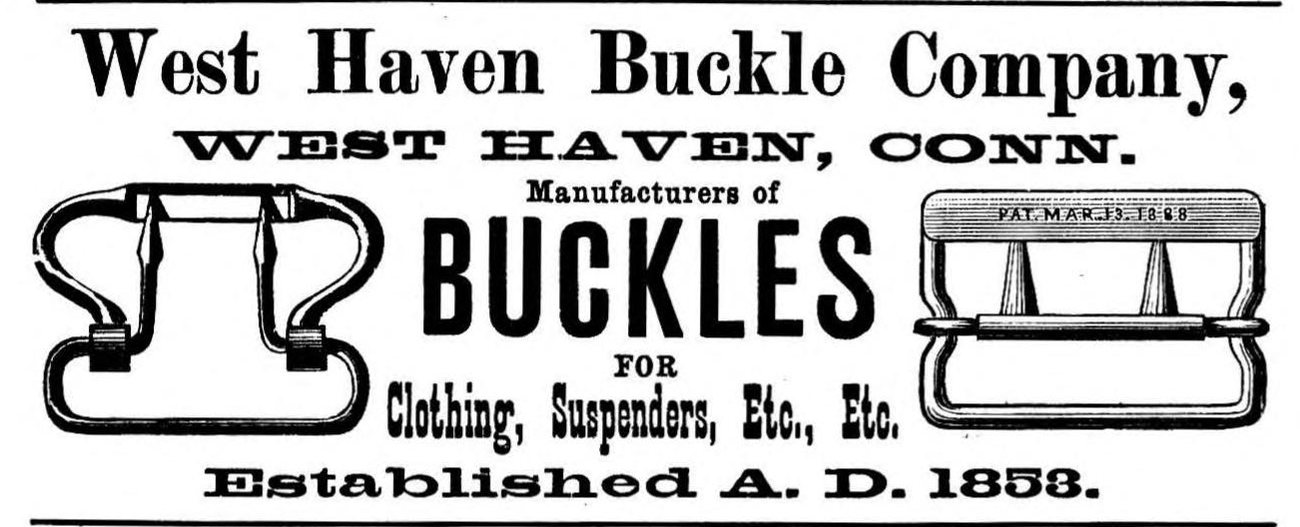Two buckle engravings advertise clothing and suspender fittings, with the company’s stated establishment date of 1853