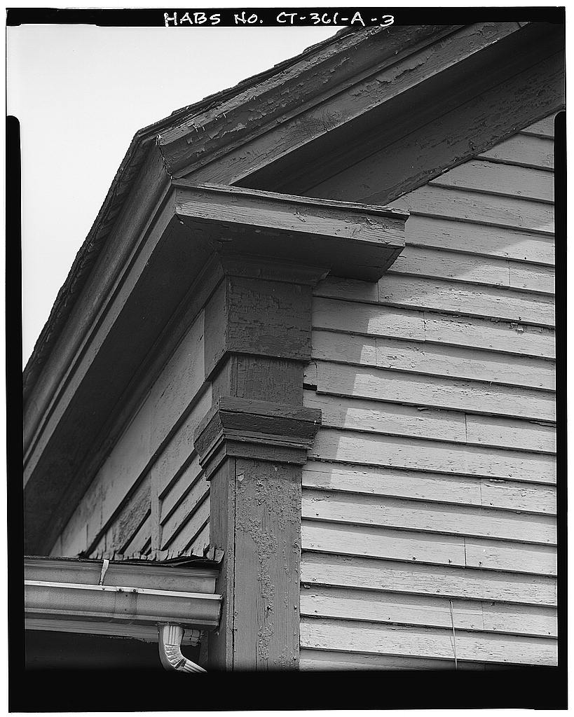View north, detail of cornice and pilaster on southwest corner