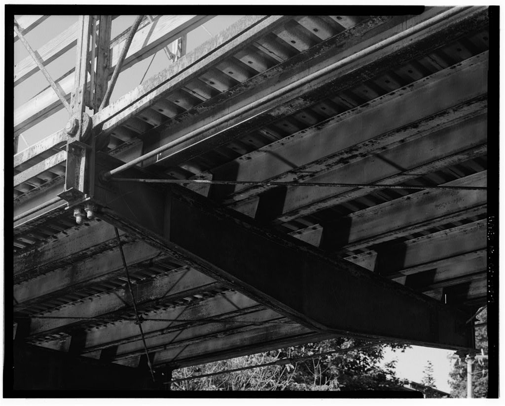 View north, showing underside of bridge, detail of floor beam and stringers