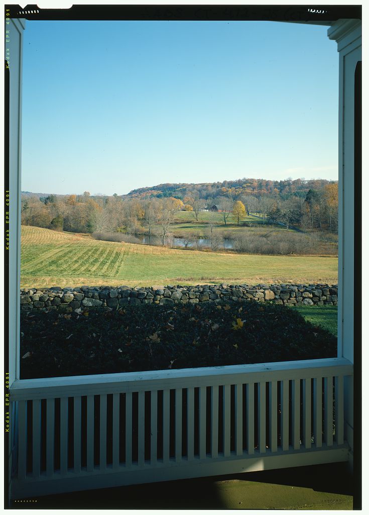 Landscape view including pond from north porch of Pope-Riddle house, in color. - Hill-Stead, 35 Mountain Road,…
