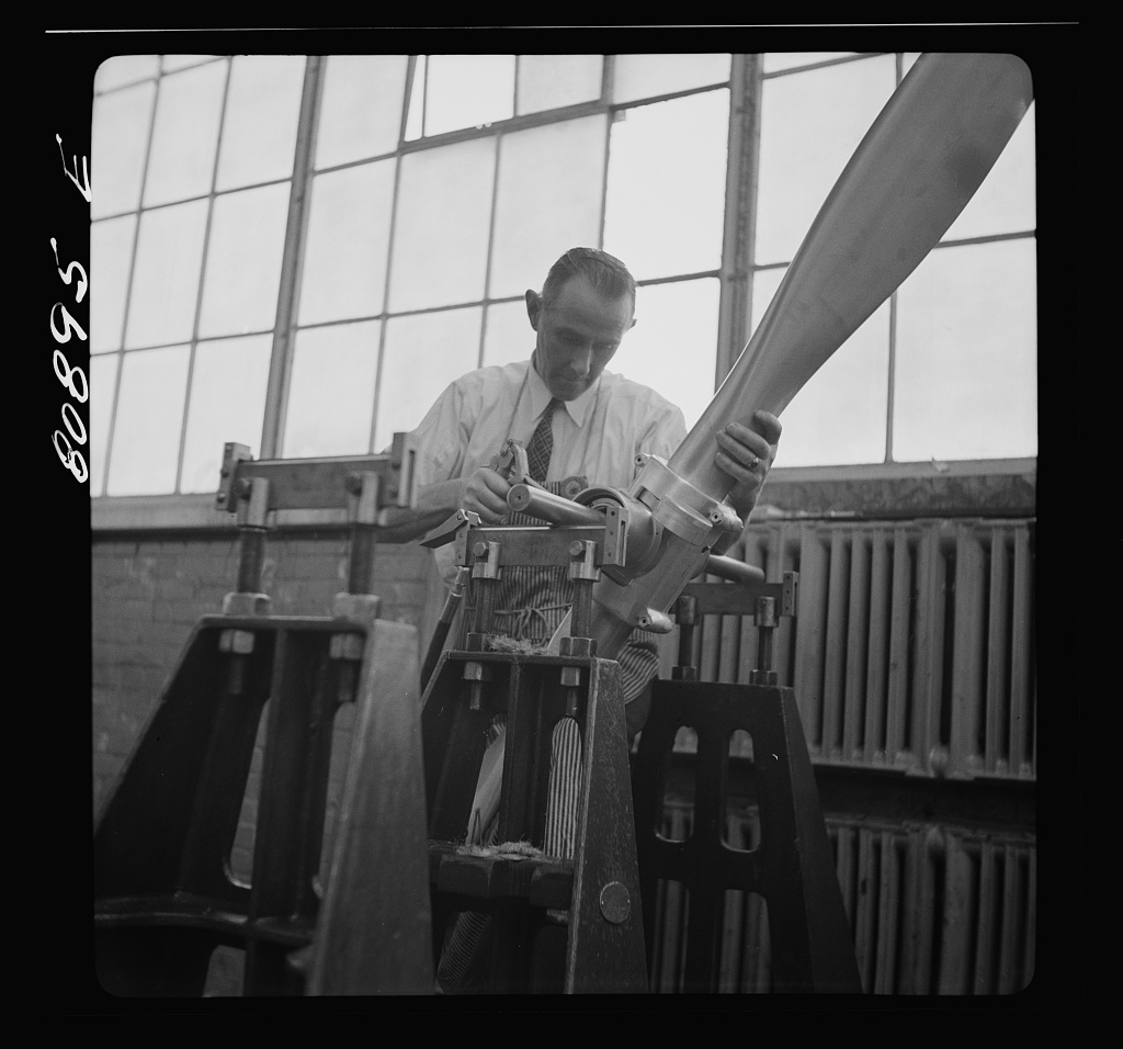 Balancing propeller. Hamilton propeller plant, East Hartford, Connecticut
