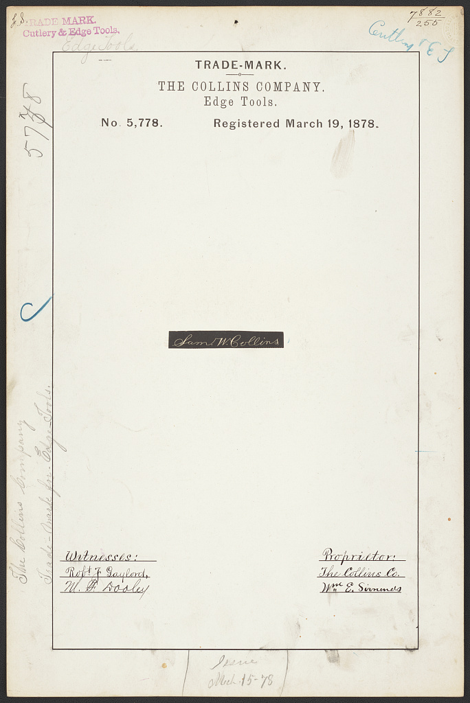 Collins edge-tool trademark registration, 1878 · 1878 Mar. 19.
