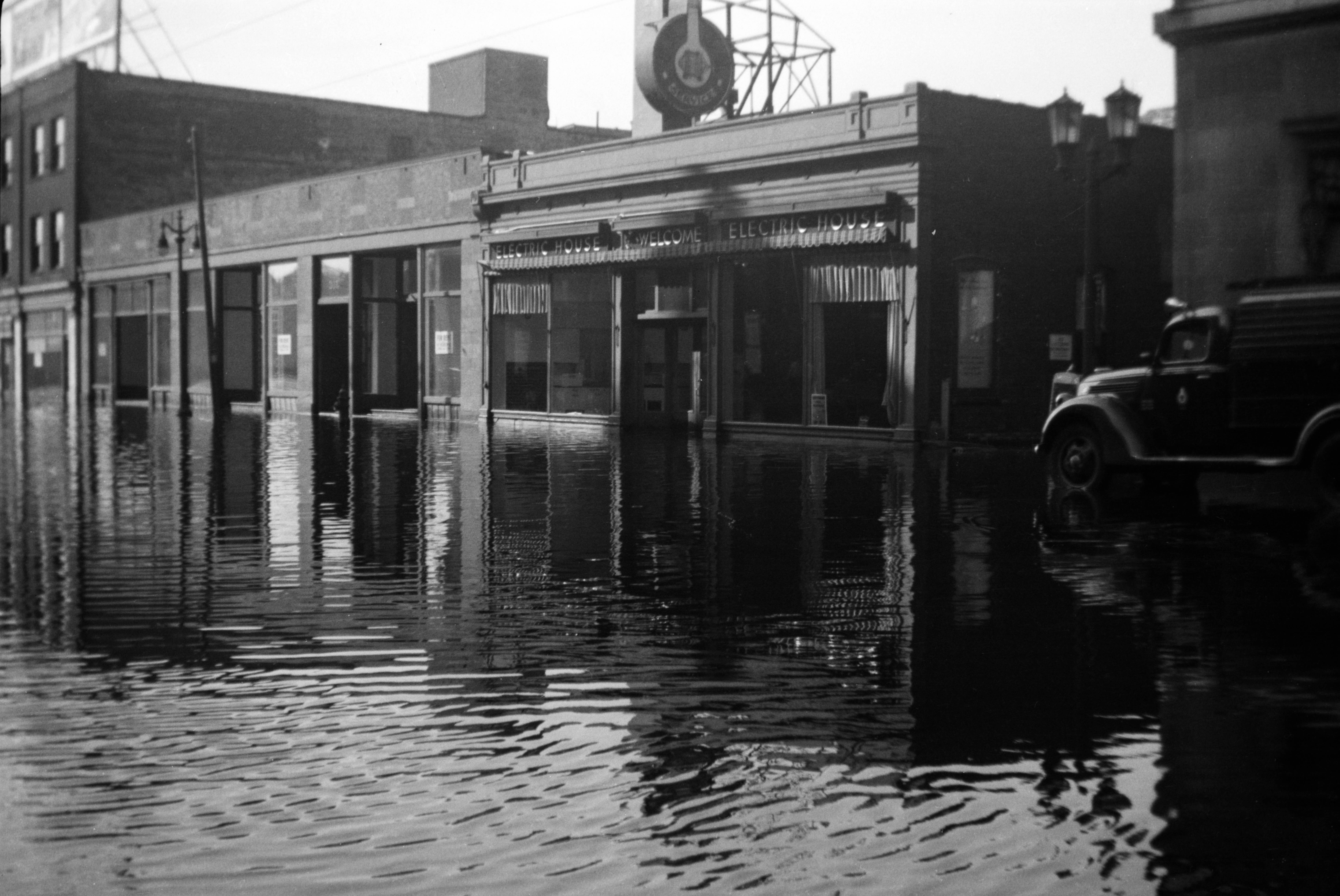 Downtown storefronts during the flood