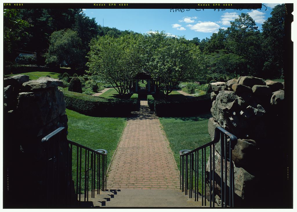 View of Sunken Garden from northeast in color. - Hill-Stead, 35 Mountain Road, Farmington, Hartford County, CT