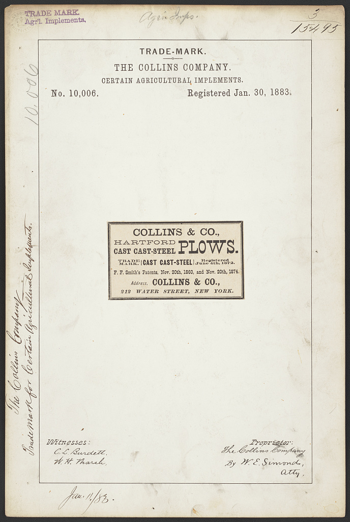 Collins agricultural-implement trademark registration, 1883