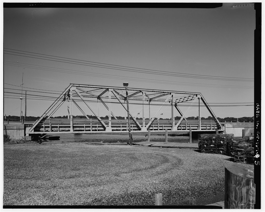 View of south elevation of truss looking upstream - Singing Bridge, U.S. Route 1, over Patchogue River, Westbrook,…