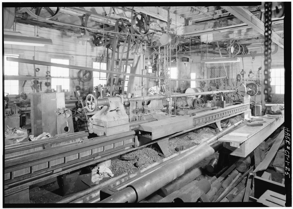 Detail of belt driven lathe for turning shafts, Machine Shop