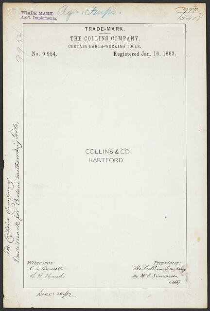 Collins earth-working-tool trademark registration, 1883
