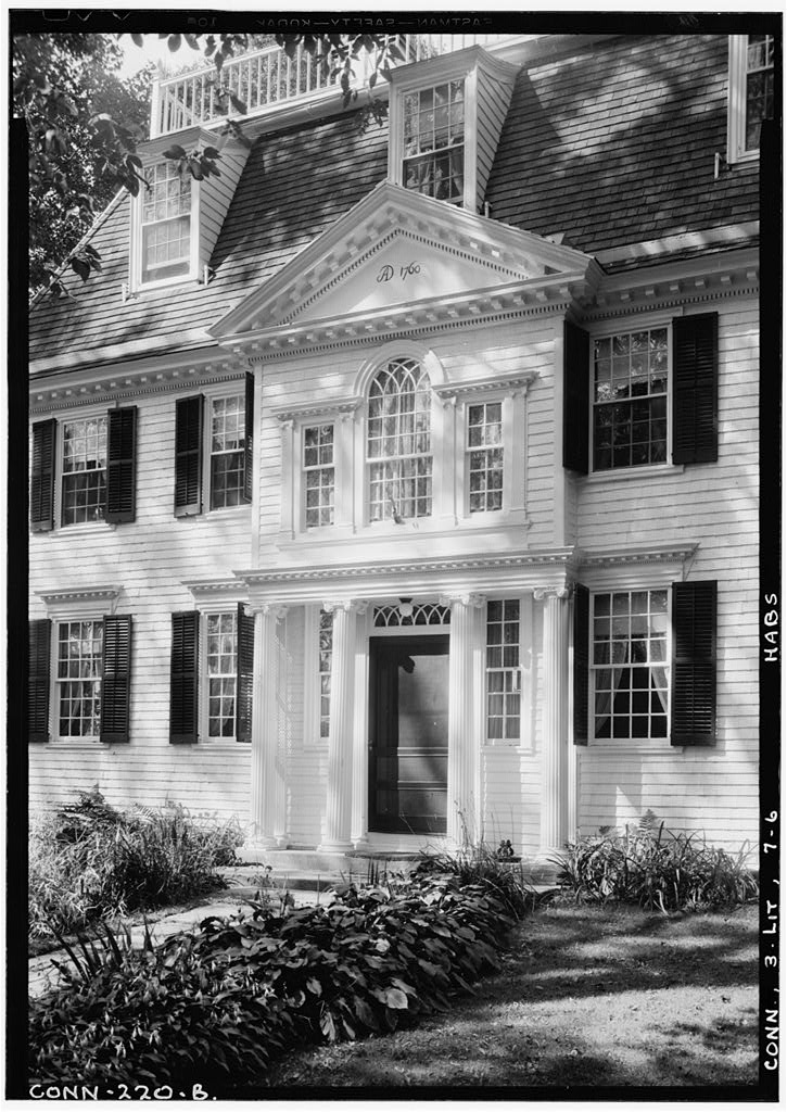 Exterior, detail of doorway & central pediment, from north east