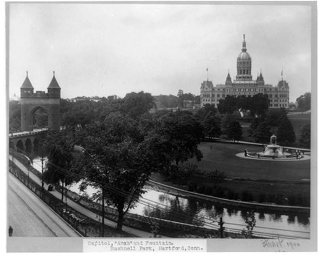 Capitol, arch and fountain, Bushnell Park, Hartford, Conn