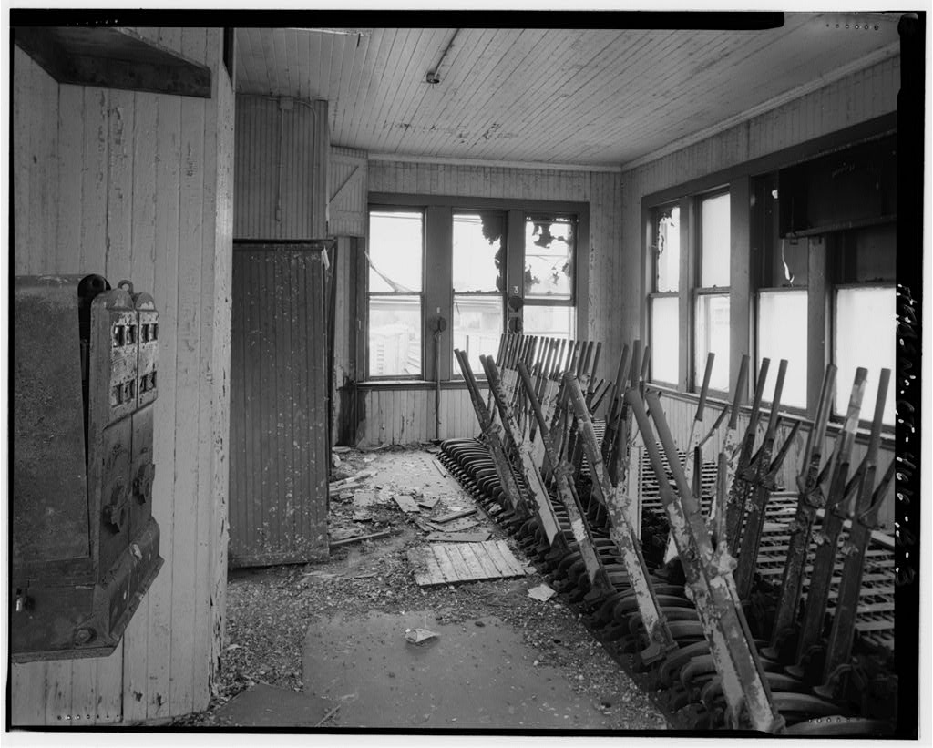 Interior, second floor, looking east showing interlocking machine - Old Saybrook Railroad Station, Interlocking…